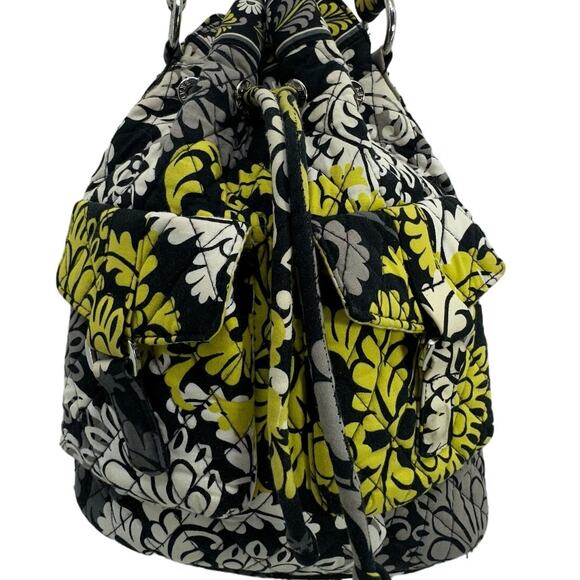 Vera Bradley Quilted Drawstring Shoulder Bag Green Black Floral Paisley Boho - Picture 1 of 9